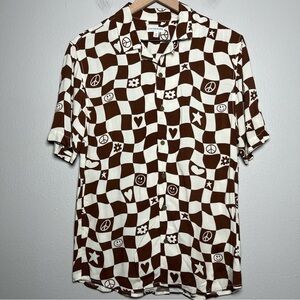 Earthbound Men Camp Shirt Small Brown Chckers Hippie 70s Groovy‎ Peace Short